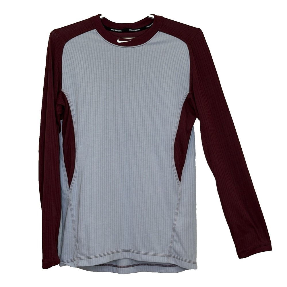 Nike Baseball T-Shirt Mens Size Medium Gray Maroon Ribbed Long Sleeve Crew Neck